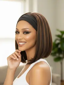 Synthetic Hair Bob Headband Wigs for Women, Easy Put on and Go Glueless Wig, Short Straight Wigs, 180% Density, No Lace, Highlight