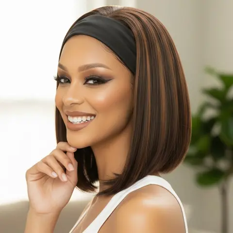 Synthetic Hair Bob Headband Wigs for Women, Easy Put on and Go Glueless Wig, Short Straight Wigs, 180% Density, No Lace, Highlight