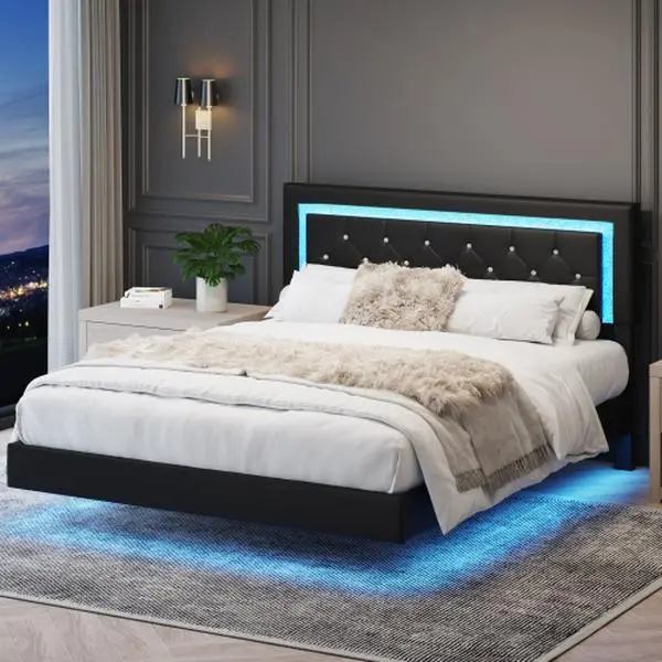 Bellemave  Bed Frame with Headboard, Floating Bed Frame with LED Lights, Upholstered Platform Bed with Diamond Tufted Headboard, No Box Spring Required