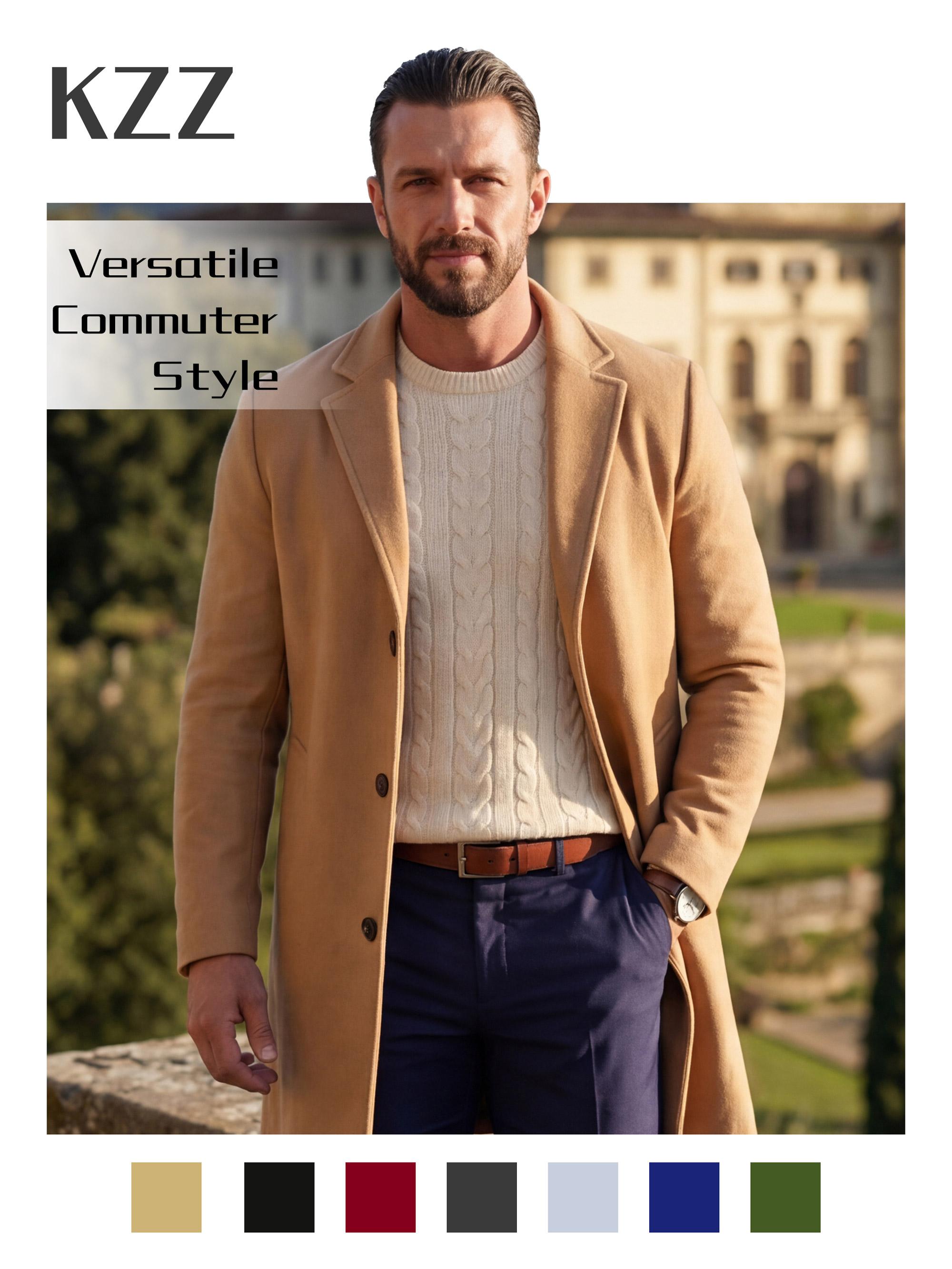 KZZ Men's Solid Button Front Lapel Neck Midi Coat, Regular Fit Casual Long Sleeve Outerwear for Fall & Winter, Men's Clothes for Daily Wear Christmas gifts christmas gifts for him Beige Khaki jackets SpringStatements