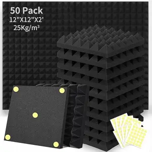 Soundproofing Focusound 6 Pyramid 24/50 Packs Noise Reduction Foam Panels 2" x 12" x 12" with 60/120/300PCS Double-Side Adhesive Foam Panels optimize sound quality for room decoration, ideal for creators, streamers, and gamers. Room Accessories.