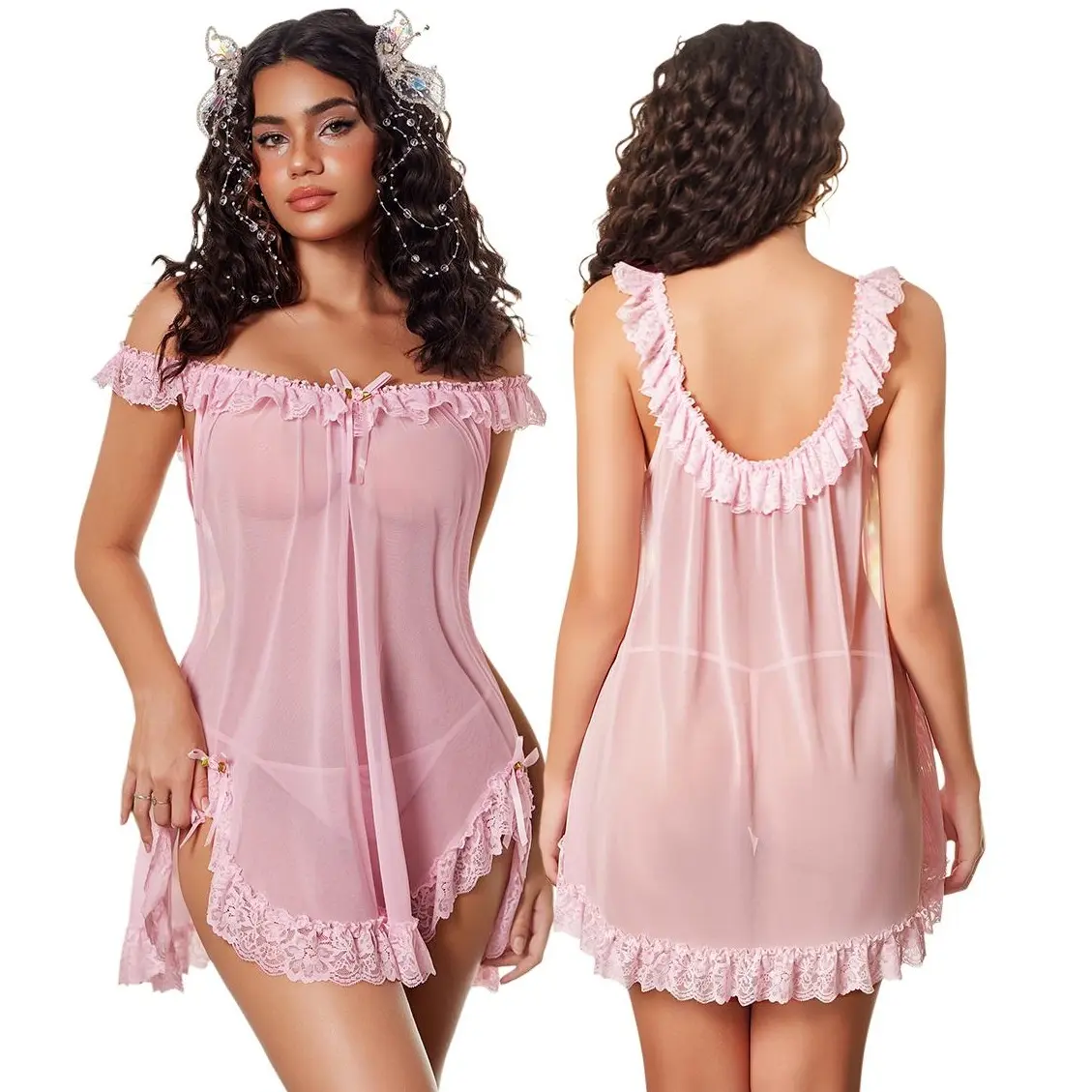 Women 2 Piece Babydoll Lingerie Set Sheer Mesh Lace Slip Nightgown | Mesh Babydoll Lingerie Set With Lace Ruffle Slip and Thong.Perfect for Honeymoon,Wedding Night and Bridal Boudoir Shoot