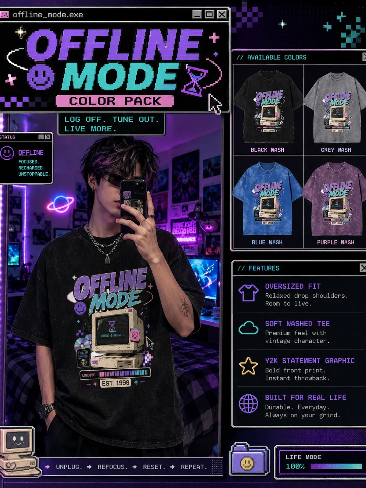 Y2K Graphic Tee, Retro Computer T Shirt, Unisex Cotton Offline Mode T-Shirt