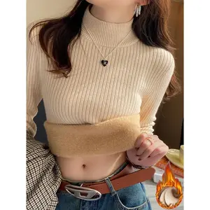 Women’s Turtleneck Sweater – Winter 2025 Retro Red with Velvet Lining, Thickened Thermal Knitted Base Layer, Elastic Knitwear