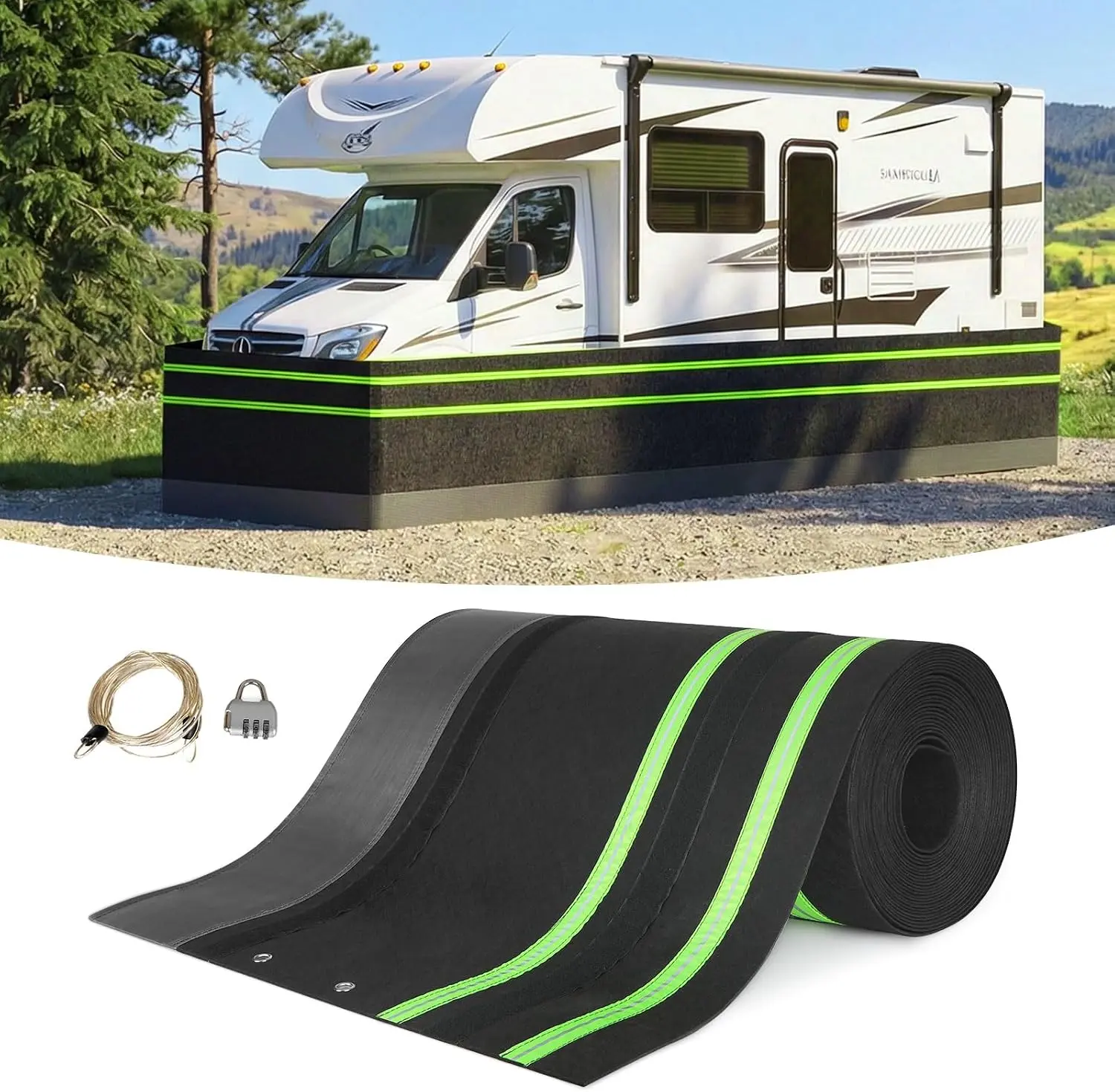 All-Weather RV Skirting for Travel Trailers Wheels - 85.3ft x 2.6ft Heavy Duty Windproof, Waterproof & UV Resistant,Double Reflective Strip & Password Lock Cable,Quick Install/Storage