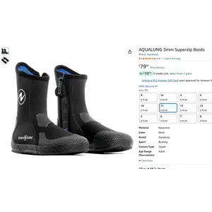 AQUALUNG 3mm Superzip Snug-Fit Diving Boot, Size 11, Black, Model BS188014045, New