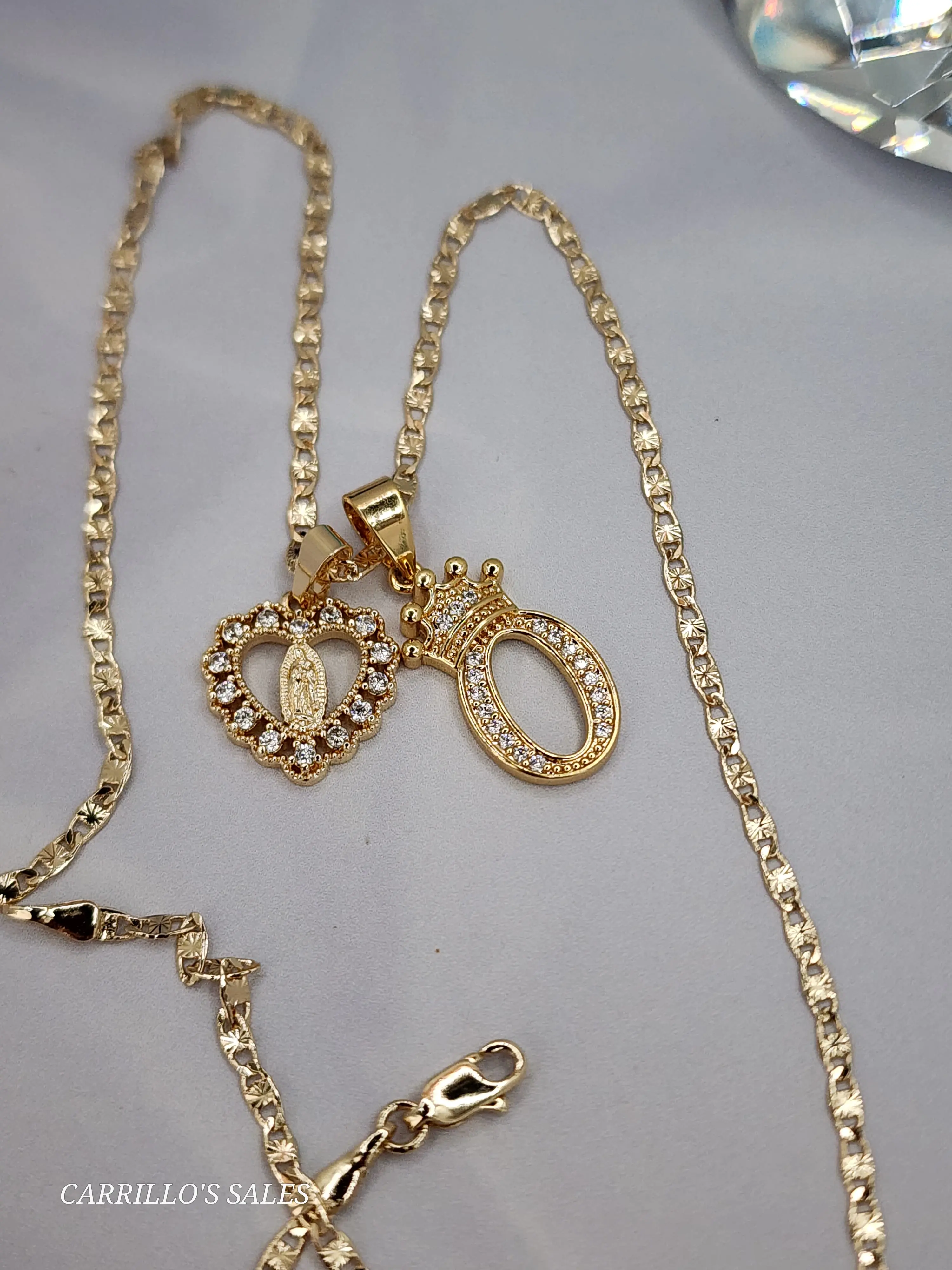 VIRGIN MARY heart clear stones  necklace with letters gold plated 24 inches