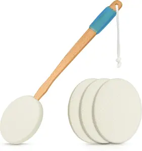 RMS 17.5" Long Lotion Applicator with 4 Pads - Long Handle for Easy Reach and Self Application of Body Wash - Shower Brush for Both Men and Women (Travel Bag Included)