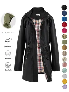 Women's Solid Color Drawstring Zip Up Hooded Coat, Casual Long Sleeve Waterproof Windproof Outerwear for Spring & Fall, Ladies Clothes for Daily Wear