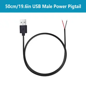 50cm/ 19.6 inch, Black USB Male to 2 Pin Bare Wire Open End DIY Pigtail Cable 5V USB Plug Power Repair Cable for LED Strips, USB Fan, Desk Lamp