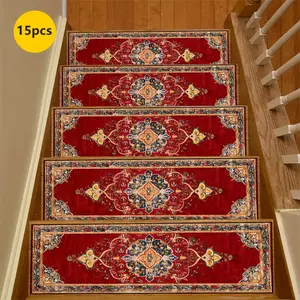 [Red Stair Mats] 15pcs of Red Stair Mats with Intricate Floral Patterns, Featuring a Rubber Non-Slip Bottom. Suitable for Various Indoor And Outdoor Stair Scenarios