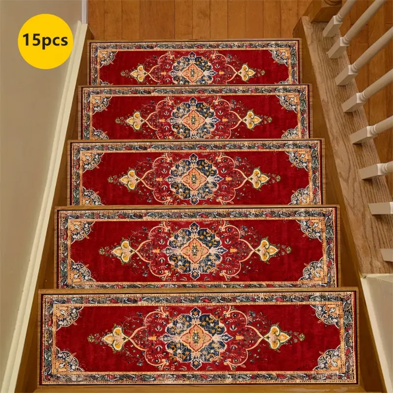 [Red Stair Mats] 15pcs of Red Stair Mats with Intricate Floral Patterns, Featuring a Rubber Non-Slip Bottom. Suitable for Various Indoor And Outdoor Stair Scenarios