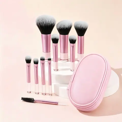 Travel Mini Makeup Brush Set - 10pcs Portable Face & Eye Makeup Brushes with 2pcs Powder Puffs and Velvet Bag, Compact Beauty Tools for Foundation, Powder, Eyeshadow, Blush & Concealer
