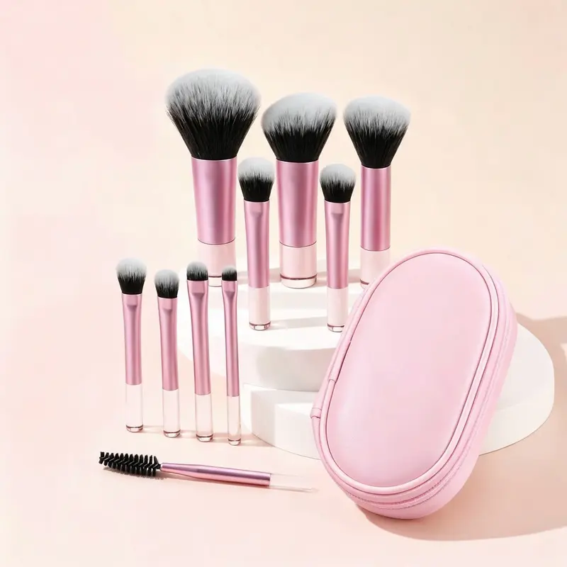 Travel Mini Makeup Brush Set - 10pcs Portable Face & Eye Makeup Brushes with 2pcs Powder Puffs and Velvet Bag, Compact Beauty Tools for Foundation, Powder, Eyeshadow, Blush & Concealer