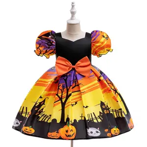 Print Kids Clothes Halloween Dress Bow 039 Black Children Cosplay Costume Fancy Carnival Pumpkin Witch Vampire Party Holiday Princess Frock  4-14Y