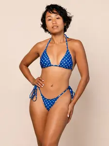 Aria Women’s Blue Polka Dot Bikini Set with Matching Swim Shorts, Halter Two Piece Swimsuit, Stylish Beachwear & Summer Swimwear