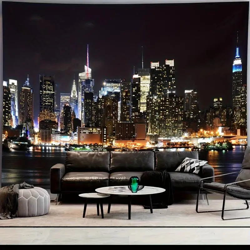 Large Modern Night View Cityscape Tapestry Wall Hanging - 100% Polyester, Fade Resistant, Lightweight, Machine Washable, Hand Sewn Horizontal Skyscraper & Water Reflection Indoor Home Decor for Living Room, Dorm