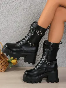 Women's 9.5CM Chunky Heel Platform Combat Boots | Gothic Punk Y2K Biker Style | Smooth PU Leather, Lace-Up Side Zipper, Buckle & Chain Decor, Non-Slip Lug Sole | For Rave Festival, Night Club, Alt Streetwear, Cosplay