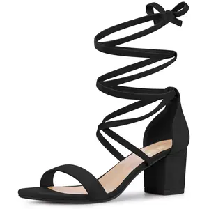 BLISSFUL STEP Lace Up Heels Chunky Heel Sandal