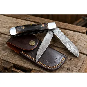 Custom Handmade Damascus Steel Double Blade Trapper Folding Knife – 512 Layers Pocket Knife with Leather Sheath