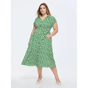 BLOOMCHIC Plus Size Geometric Print Stretchy Waist Midi Dress[M–6X], 2026 Summer Swimweek Vibes,Spotlight,Summer wins,Deals for you days, Polyester, Women, Smooth, Garment