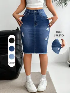 Summer Women's Slim Fit Ripped Dark Wash Denim Skirt, High Waist Elastic with Pockets, Frayed Hem, Casual Knee-Length Skirt for Daily Wear