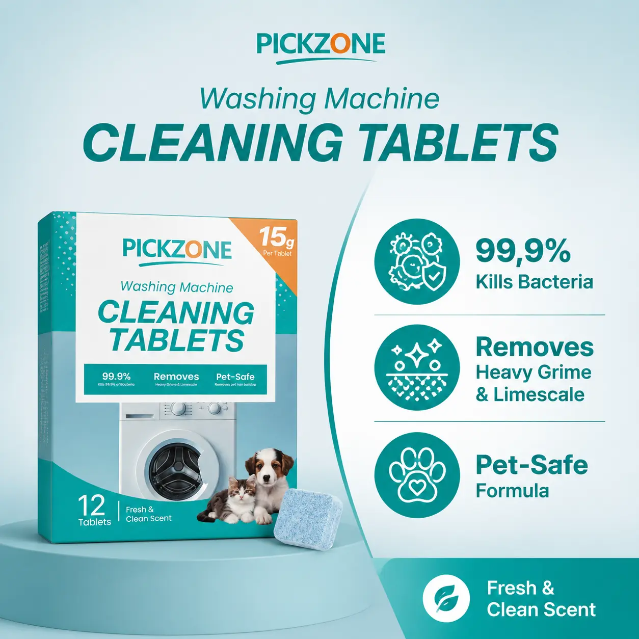 PICKZONE Washing Machine Cleaner Descaler Tablets - 12 Pack, Deep Cleaning for All Washing Machine Types, Inside Drum and Laundry Seal