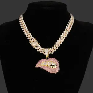 Hip Hop Bitten Lip Pendant Cuban Necklace for Men and Women, 14mm Cuban Chain Necklace - Perfect Gift for Outings or Parties