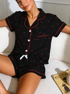 Spring Summer Home Wear Pajama Women's Open Front Lapel Set, Bottom Cherry Full Print, Color Block Edging, Short Sleeve Shorts