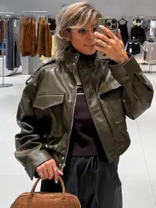 Women's Jacket Crop Faux Leather Bomber Jacket Autumn Fashion Green Black Outerwears New In Womenswear Coats & Jackets Casual Elegant Fitted Zip-Up High Neck Long Sleeve Short Jacket With Pockets Lady