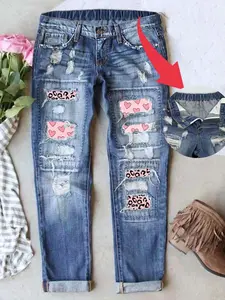 Ripped Boyfriend Jeans for Women Distressed Skinny Valentine's Day Print Denim with Holes Plaid Patchwork Design Stretch Waistband Comfort Pants