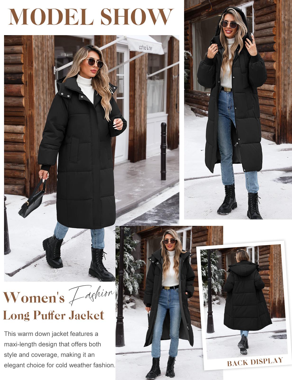 FASHORA Women's Long Quilted Winter Outerwear Parka - Water-Oil-Stain Resistant, Thick Warm Hooded Zip-Up Front Puffer with Quilted Panels & Pockets for Outdoor Activities