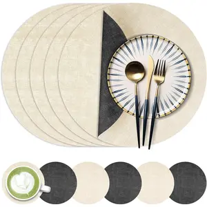 Faux Leather Round Placemats Set of 6, Waterproof Anti-Slip Dual Sided Place mats, Heat Resistant Washable Table Mats with Coaster, Suitable for Indoor & Outdoor (6, Black Beige)