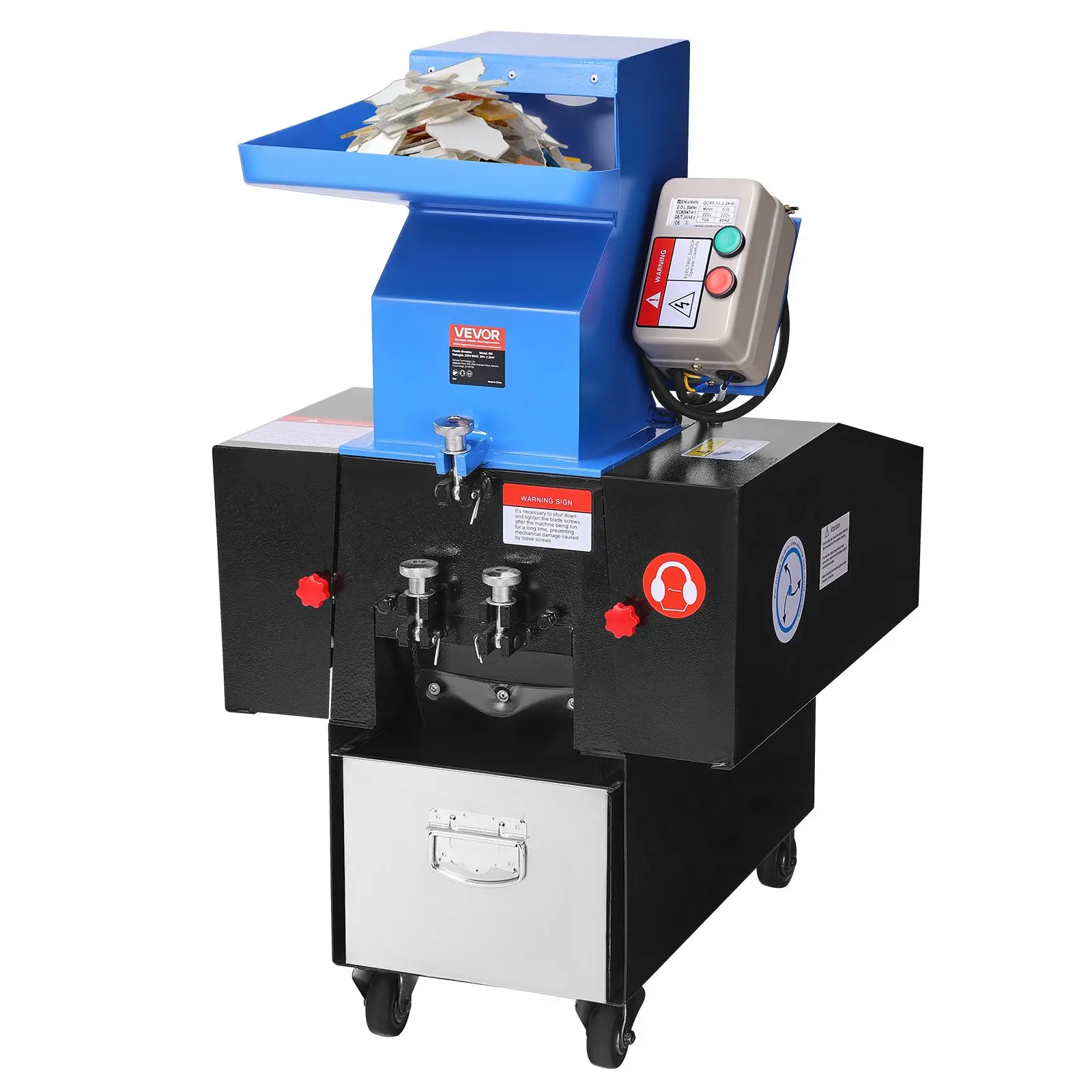 VEVOR Alloy Steel Plastic Shredder Crusher, 3HP/2.2KW Grinder Granulator with Wheels, 100-150kg/h Capacity Pulverizer Recycling Machine, 11pcs SDK-11 Blades & 6mm Mesh for PVC ABS PTFE (220V 60Hz 3-Phase)
