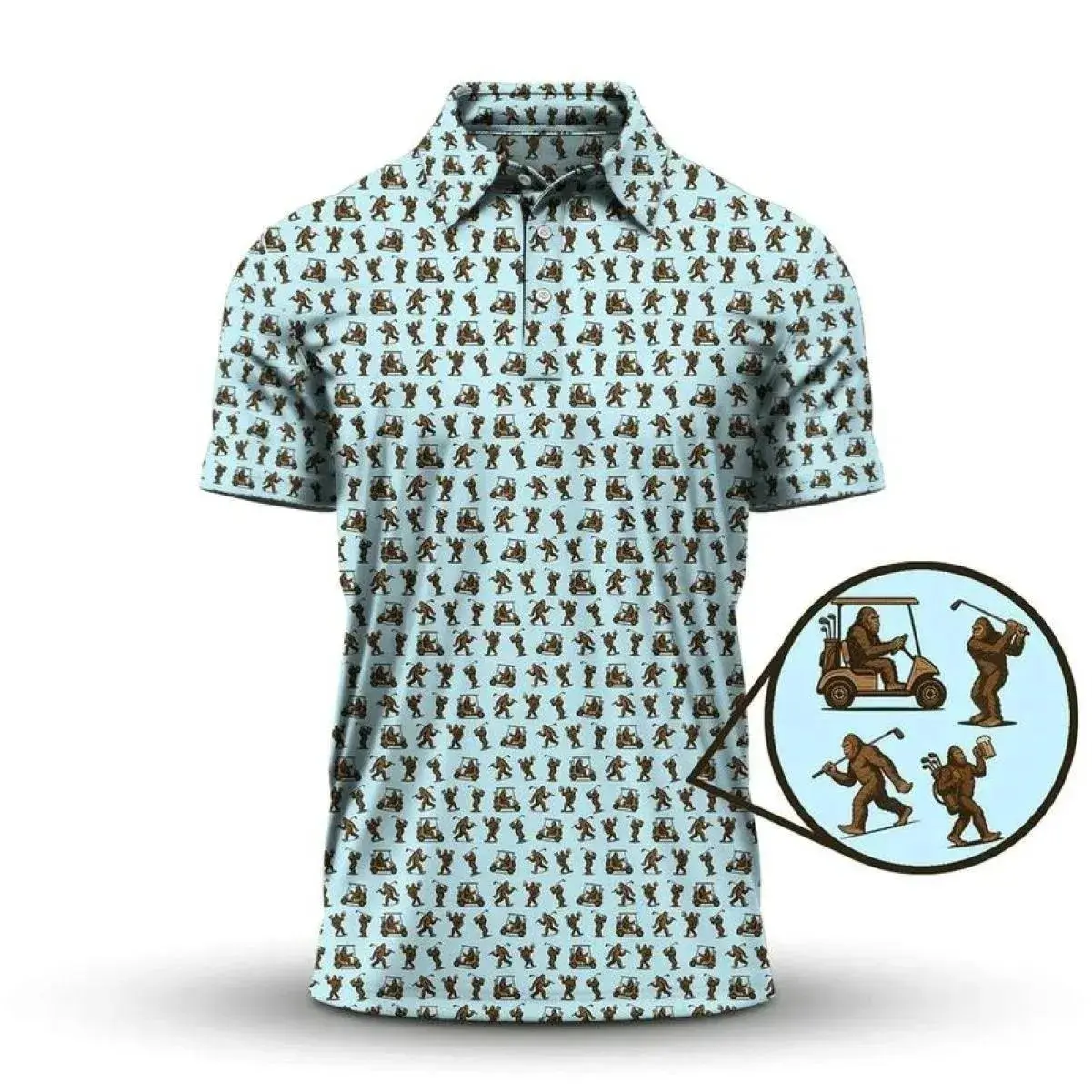 Bigfoot Crazy Golf Pattern Polo Shirt for Men Funny Sasquatch Lightweight Short Sleeve Sport Outfit