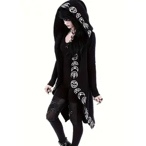 Gothic Witchcraft Pattern Hooded Cardigan for Women, Long Sleeves with Hood