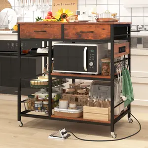 Kitchen Island with Storage,Industrial Kitchen Island on Wheels,Rolling Kitchen Island Cart with Power Outlet,Modern Island Table for Kitchen with Drawers,Shelves and Baskets,Rustic Brown