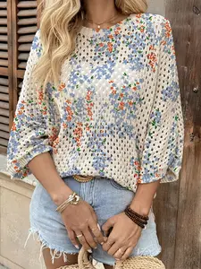 Spring Summer Women's Hollow Out Batwing Sleeve Knit Top, Colorblock Floral Print, Casual Elegant Commuter Wear, Boho Beach Cover-Up, Beachwear Cover Up