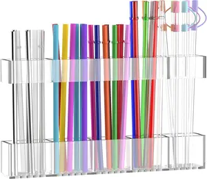 9.5” Large Acrylic Straw Holder for Cabinet Door, Reusable Adjustable Two-Part Straws Organizer with Ultra Sticky Adhesive Strips, 2026 Straw Storage for Kitchen Cupboard