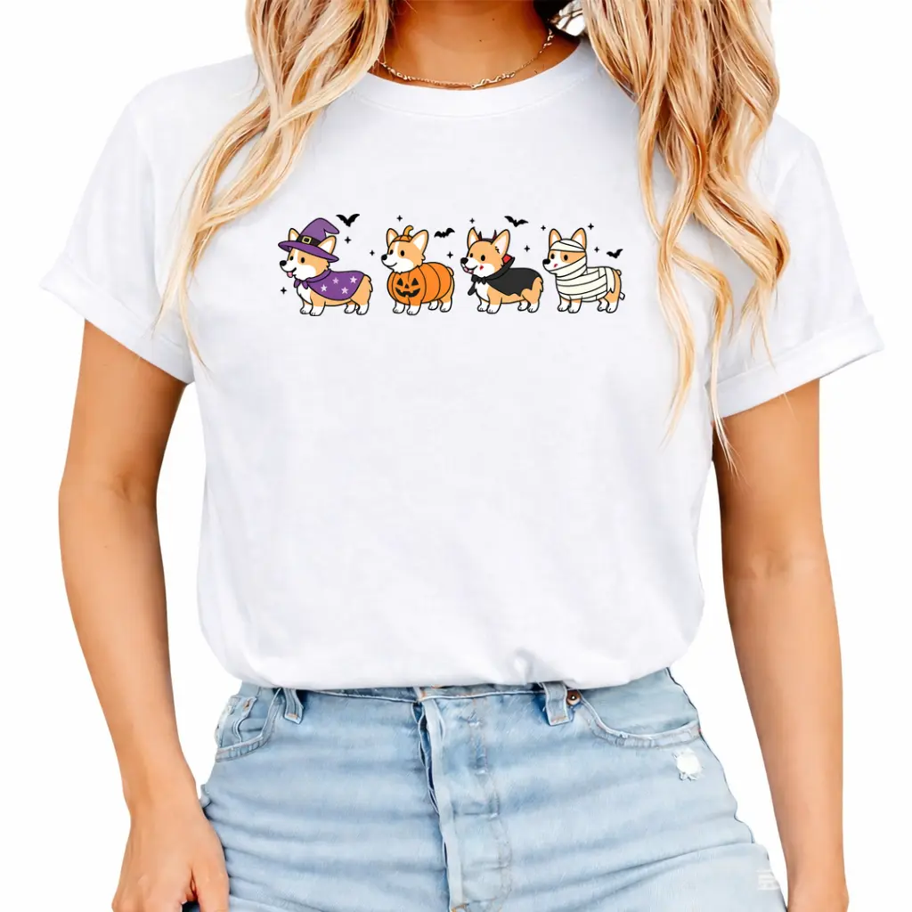 Women's Cotton Fit Halloween Corgi T-Shirt - Unisex Cute Dog Themed Top, Gift for Dog Lovers, Tshirt