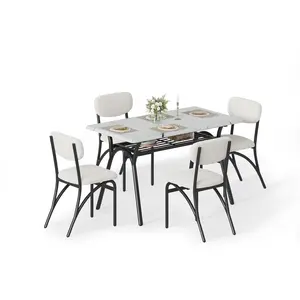 Modern 5-Piece Dining Table Set – Faux Marble Rectangular Table, Storage Shelf, 4 Boucle Upholstered Chairs, Space-Saving for Small Spaces, Living Room or Apartment Modern 5-Piece Dining Table Set