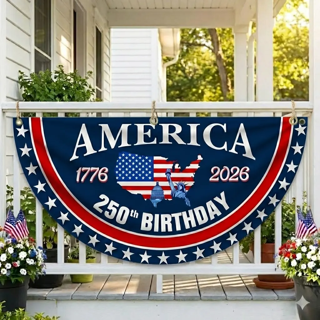 Polyester Semicircular Stars and Stripes Bunting Flag Banner - Fourth of July 250th Anniversary, Happy Birthday America 1776-2026 Weatherproof Lightweight Indoor/Outdoor Porch Fence Decor