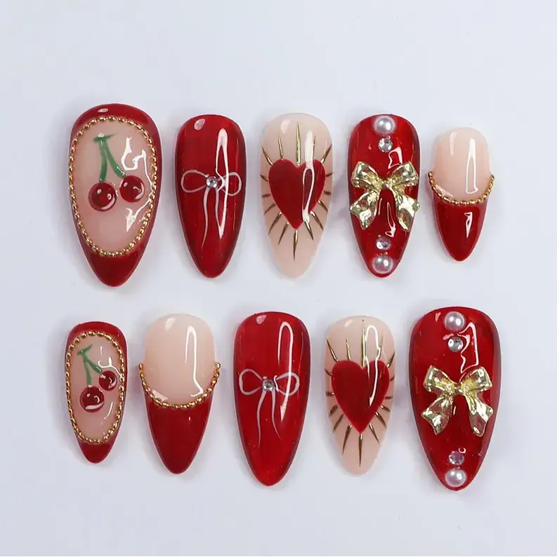 Satamiis Luxury Reusable Dark Red Press-On Nails - Adorned with Gold Bows, Cherry Themed Fruit Accents, Sparkling Gems, S,9,10,12,13,14,16,17,M,Other Shapes - Holiday Glam, Gift Ideas for Her (Nail Art Decoration Accessory), Multi-Size, 10 Nails