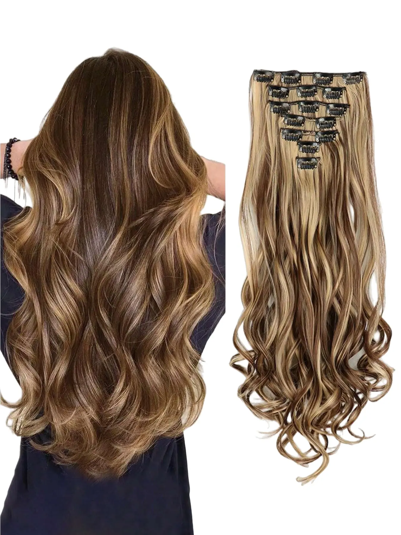 7-Piece Wave Clip-In Hair Extensions, Wavy Synthetic Hairpiece, Loose Style, Easy-To-Use Clips, Daily Wear, Long Water Wave Curly Pieces for Women, Synthetic Fiber Hairpieces