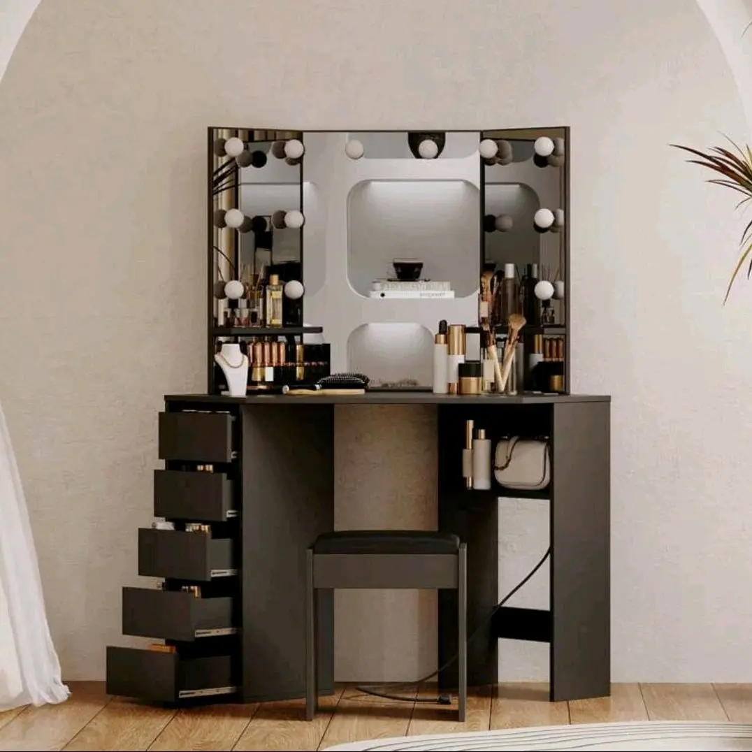 Corner Vanity Desk with Mirror and Lights, Makeup Vanity with Power Outlet, 3 Color & Brightness Adjustable Light - Perfect for Home bedside cabinet, vanity table