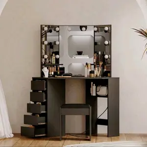 Corner Vanity Desk with Mirror and Lights, Makeup Vanity with Power Outlet, 3 Color & Brightness Adjustable Light - Perfect for Home bedside cabinet, vanity table