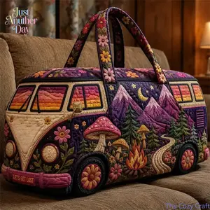 Boho Hippie Van Quilted Duffel Bag for Women, Purple Mountain Mushroom Weekender Travel Bag, Large Capacity Overnight Carry On Tote for Camping, Road Trips, Gym, Vacation & Weekend Getaways