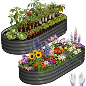 2 Pcs Galvanized Raised Garden Bed, Raised Garden Beds Outdoor, Oval Planter Raised Beds with Gloves and Rubber Edge Trim for Vegetables, Flowers and Herbs, 4x2x1 FT