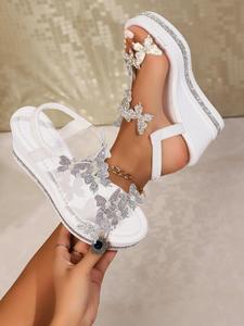 women's fashionable rhinestone decorated butterfly design wedges sandals, classy elevated sandals, elegant slip on sandals for party, daily clothing decor for women, 2025, stylish footwear, shoe