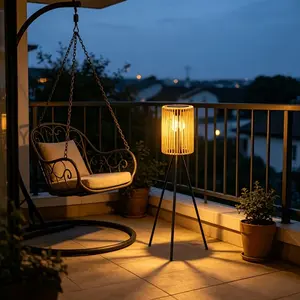 1pc Solar-Powered Wicker Floor Lamp, Assembled Wrought Iron Tripod, Height-Adjustable, Bohemian-Style Outdoor Floor Lamp, Gifts for Ramadan, Eid, New Year, And Valentine'S Day; Rustic-Style Indoor/Outdoor Decorative Lamp; Garden, Camping